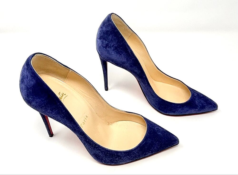 Christain Louboutin Pigalle Follies Pointed Toe Blue Suede Heels Pumps 37